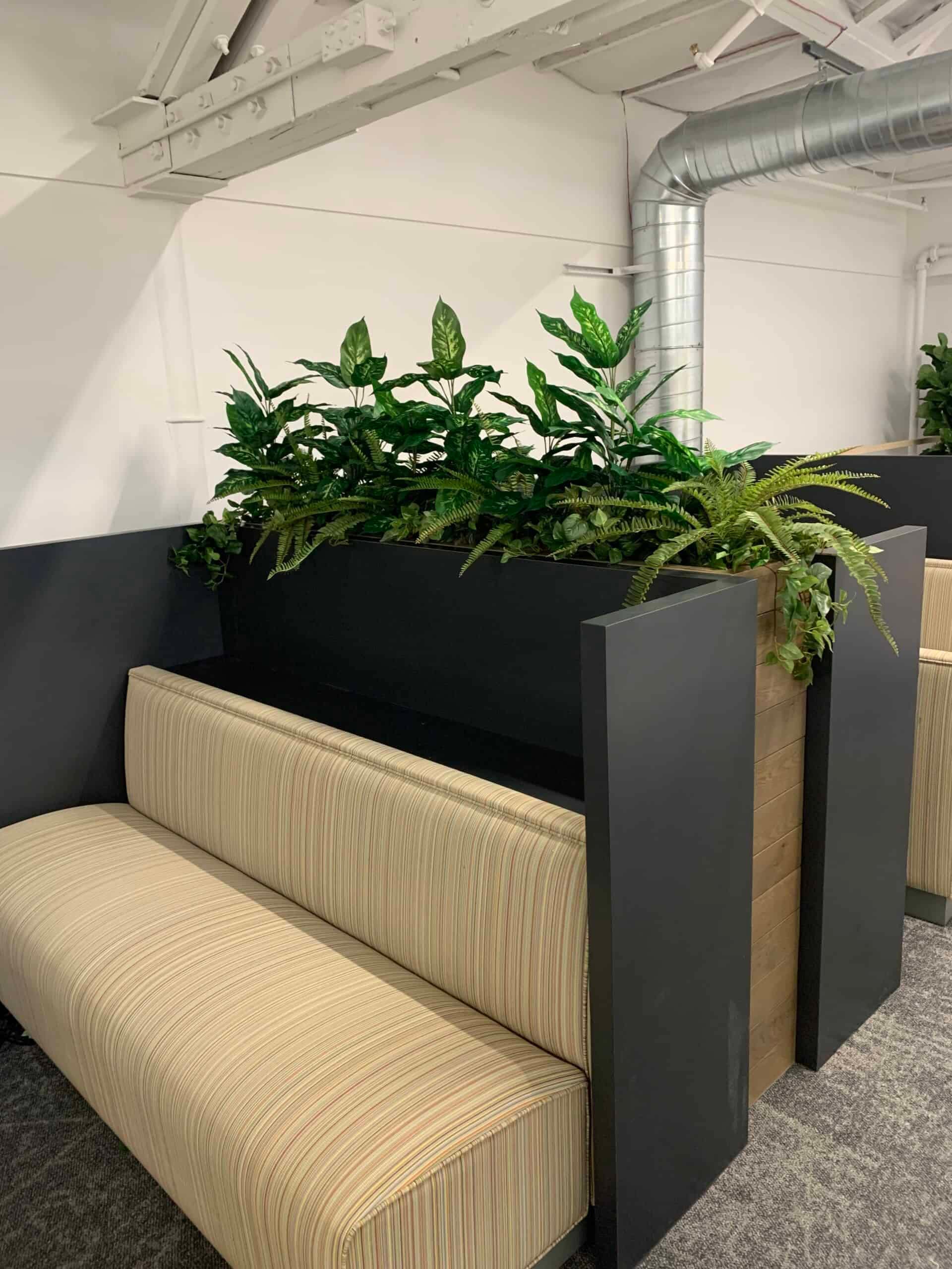 Modern indoor plant display with lush greenery and sleek black planter. Commercial artificial indoor plant display with lush greenery