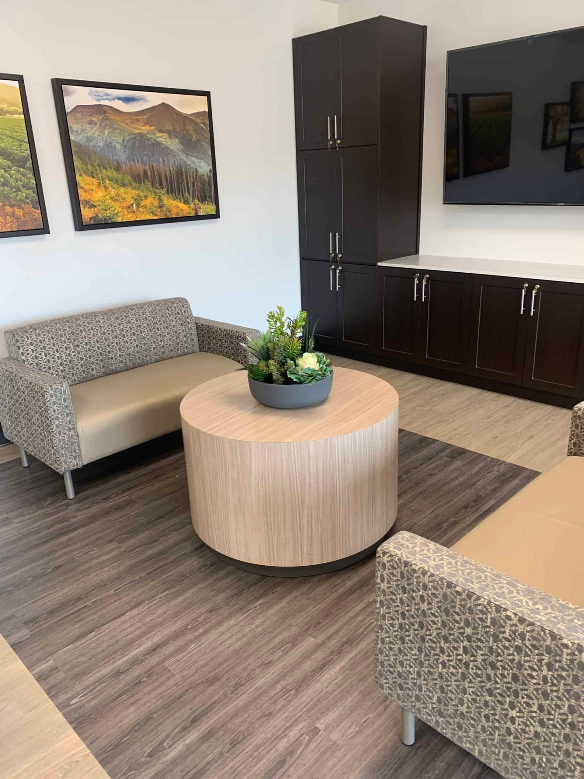 Custom artificial succulent arrangement in office lounge