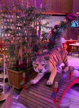 Colorful tiger sculpture surrounded by artificail bamboo customized by Pacific Silkscapes
