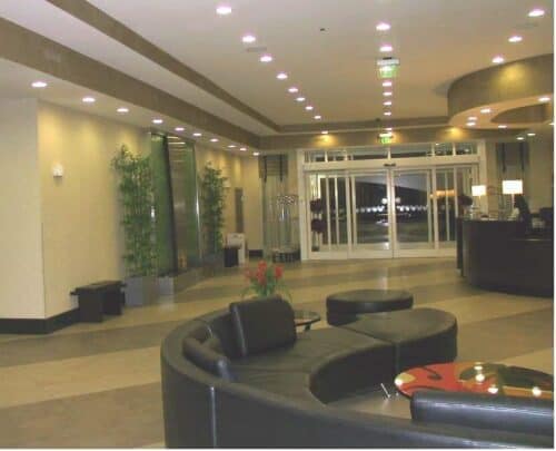 Elegant hotel lobby featuring bamboo plants