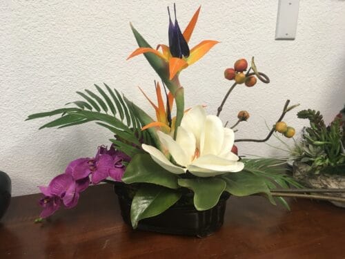BOP, magnolia & orchid arrangement Contact Pacific Silkscapes for BOP, magnolia & orchid arrangement