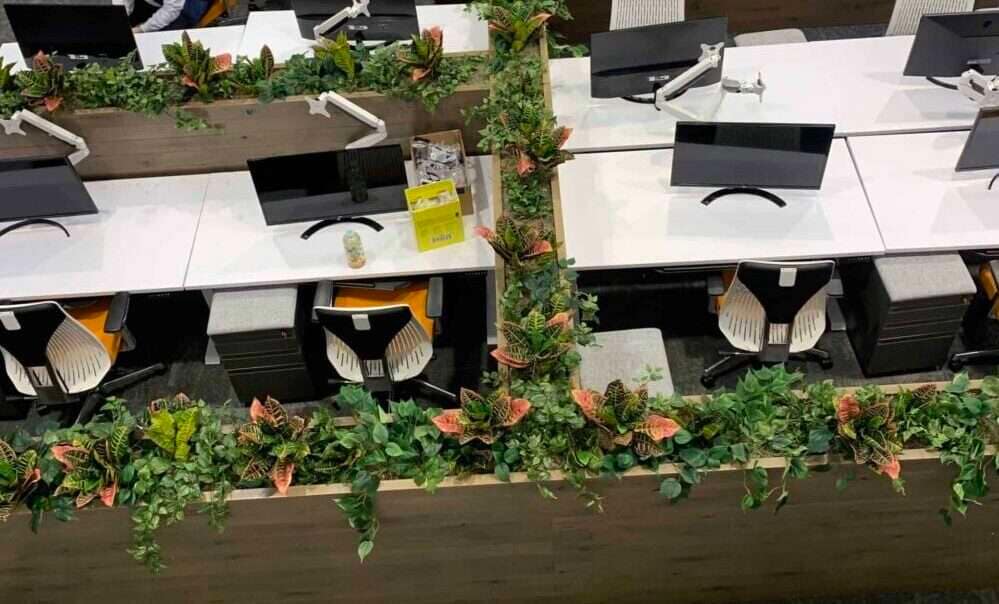 Artificial lush green and floral trailing plants in commercial building