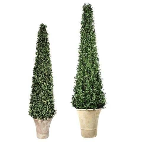 Faux Cone Shaped boxwood topiary Topiary trees in stylish pots, perfect for enhancing garden or patio landscapes.