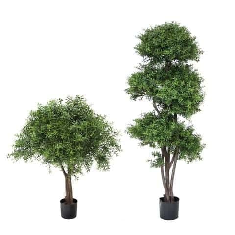 Artificial Tea Leaf Ball Tree Two lush topiary trees in black pots, perfect for stylish indoor or outdoor spaces.