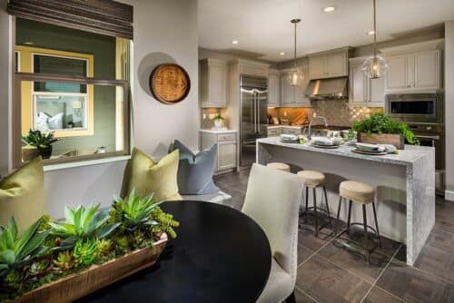 Elegant living room in model home with succulents in wooden box