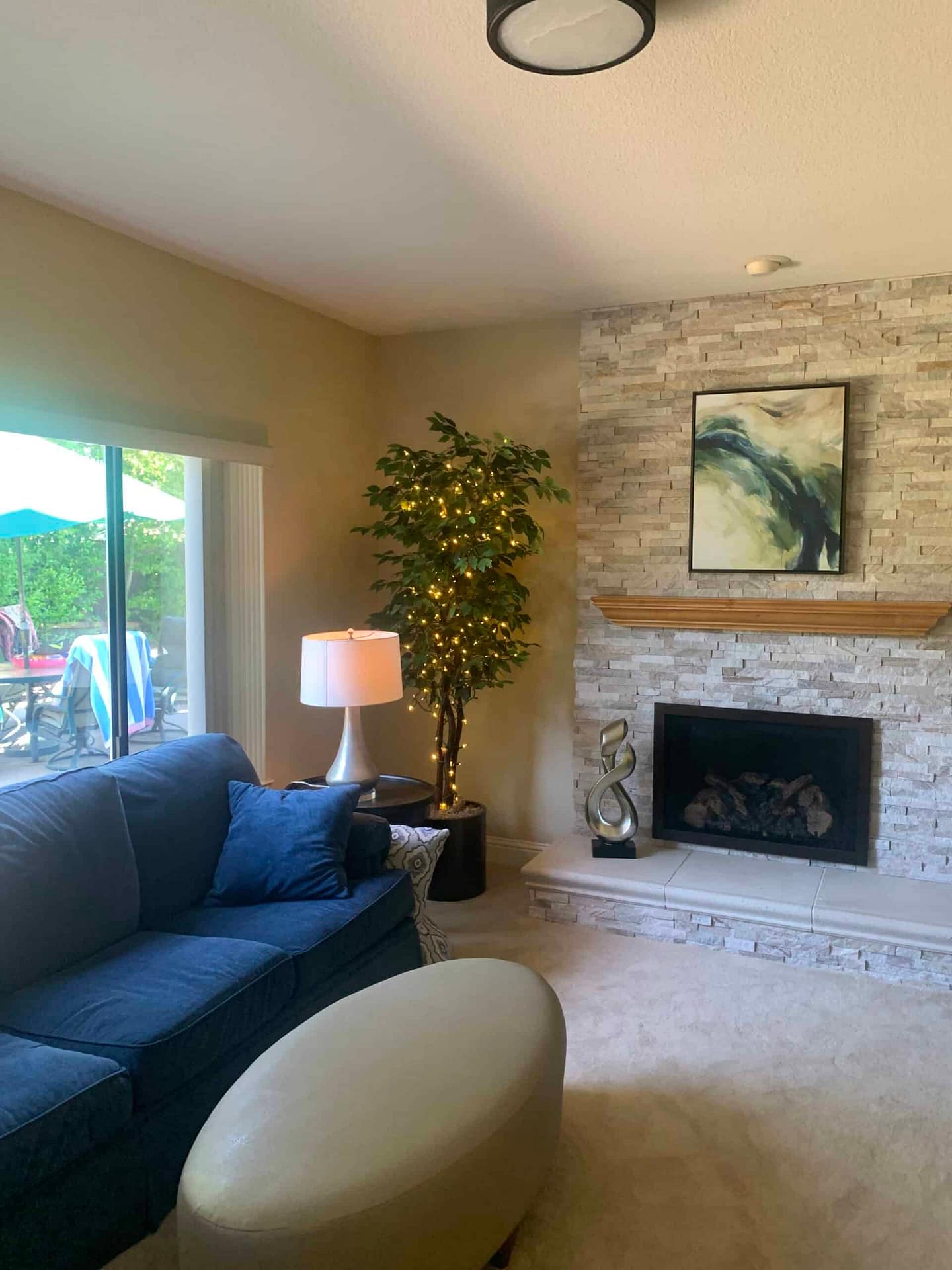 Cozy living room featuring a fireplace, artwork, and a lush indoor plant for a warm, inviting atmosp.