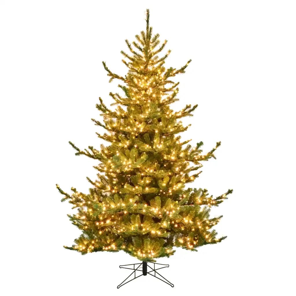 Beautiful artificial Christmas tree decorated with warm white LED lights, perfect for festive holiday décor.