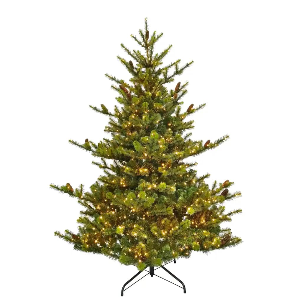 Artificial Christmas tree decorated with warm white LED lights, pine cones, and lush green branches for festive decor.