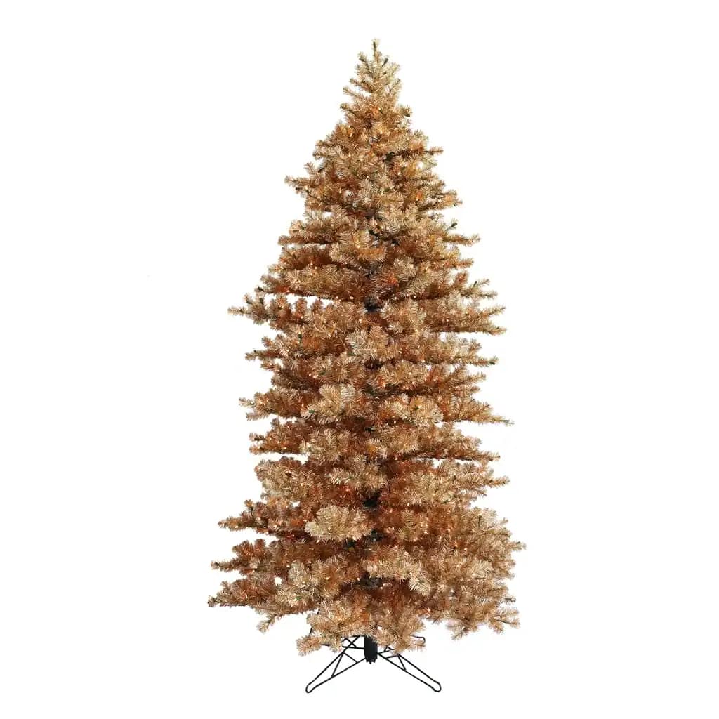 Realistic gold-colored artificial Christmas tree for festive holiday decor and seasonal celebrations.